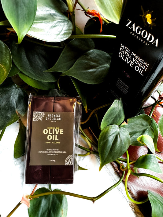 A bar of Harvest Chocolate labeled "Olive Oil Dark Chocolate" lies beside a bottle of "Zagoda Olive Oil", surrounded by lush green leaves.