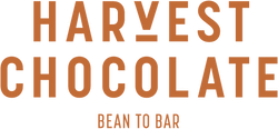 Logo of "harvest chocolate," written in bold orange letters with the subtitle "bean to bar" beneath, all set on a transparent background. the design is simple yet modern.