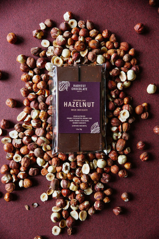 Harvest Chocolate Hazelnut Milk Chocolate Bar surrounded by whole hazelnuts on a dark burgundy background.