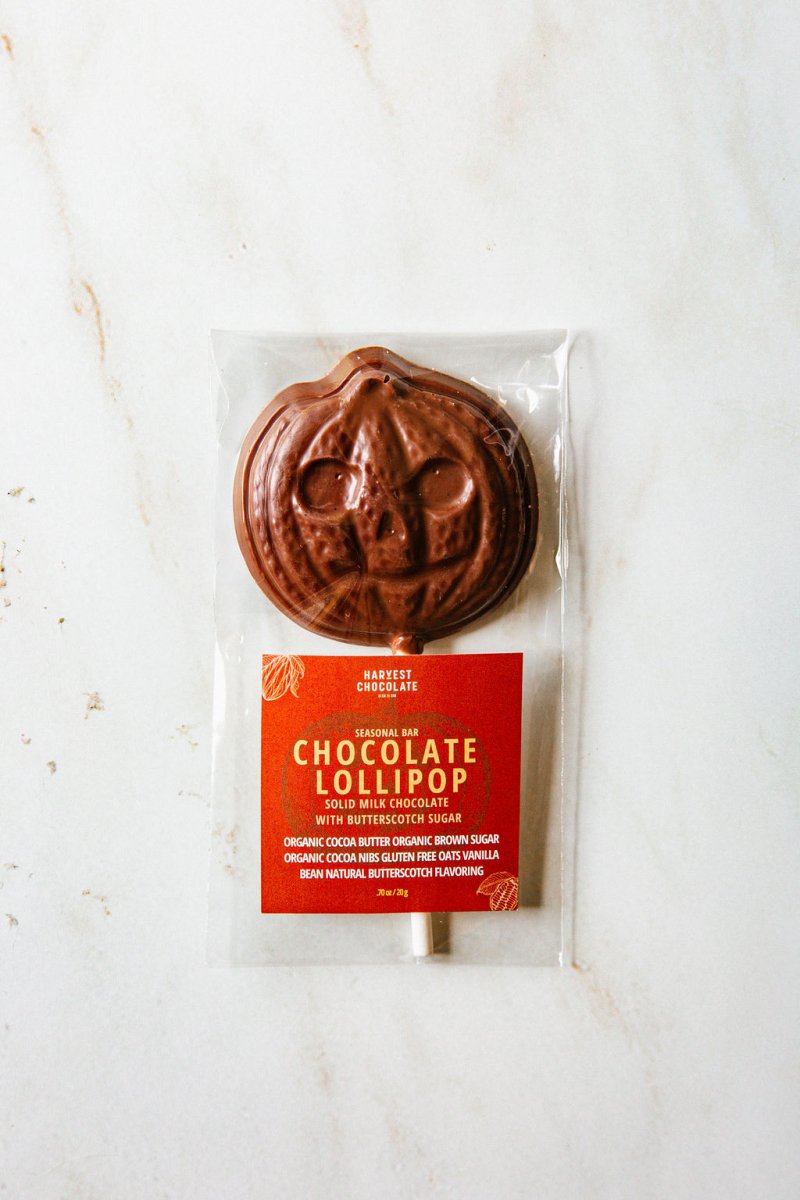 Jack O' Lantern Chocolate Lollipop – bean - to - bar chocolate by Harvest Chocolate