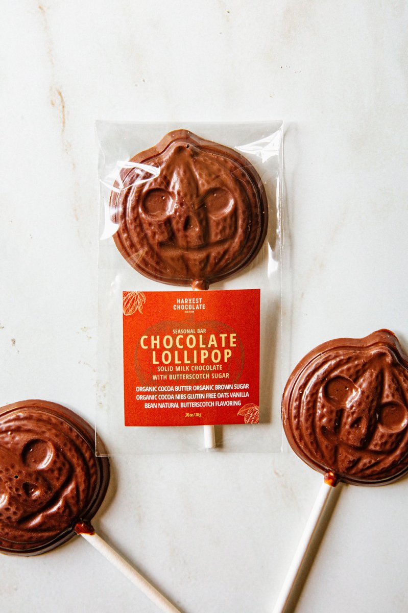 Jack O' Lantern Chocolate Lollipop – bean - to - bar chocolate by Harvest Chocolate