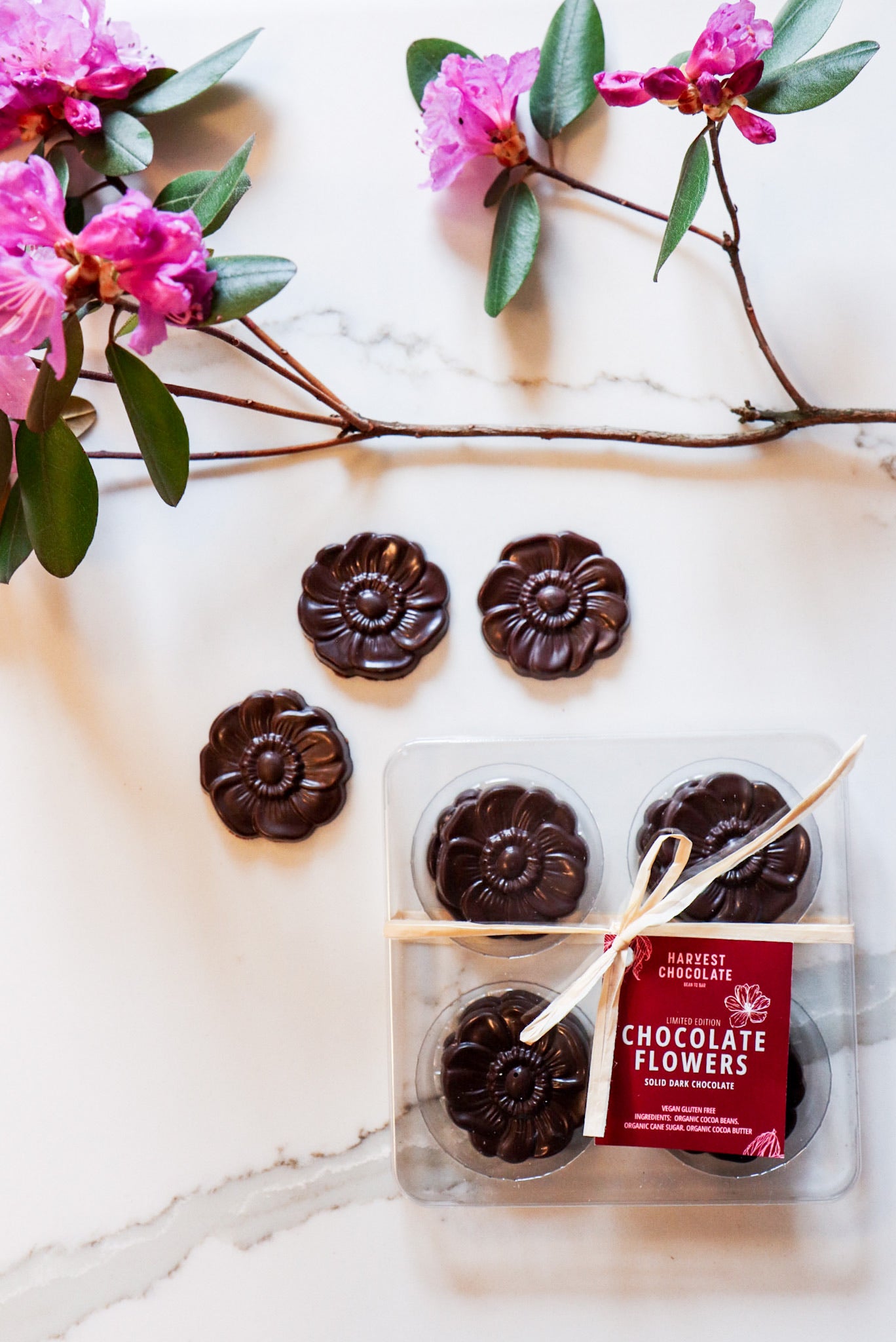 A photo of Harvest Chocolate Flowers made from Ecuadorian cocoa beans, placed next to fresh pink blooms on a marble surface. Below them, a packaged box of Harvest Chocolate Flowers tied with a string.