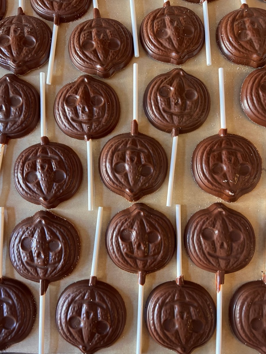 Jack O' Lantern Chocolate Lollipop – bean - to - bar chocolate by Harvest Chocolate
