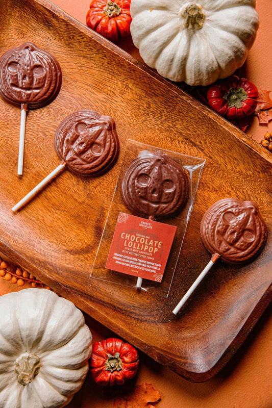 Jack O' Lantern Chocolate Lollipop – bean - to - bar chocolate by Harvest Chocolate