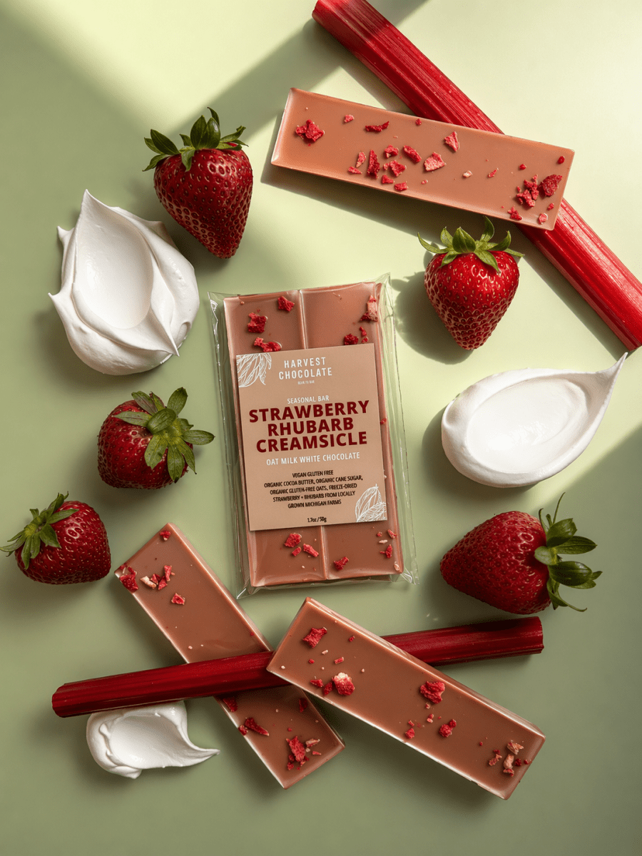 Strawberry Rhubarb Creamsicle – bean - to - bar chocolate by Harvest Chocolate
